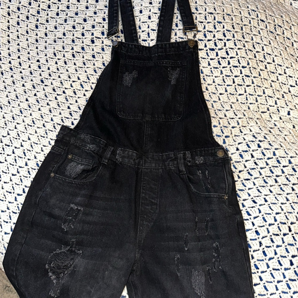 Black Distressed Denim Cropped Overalls